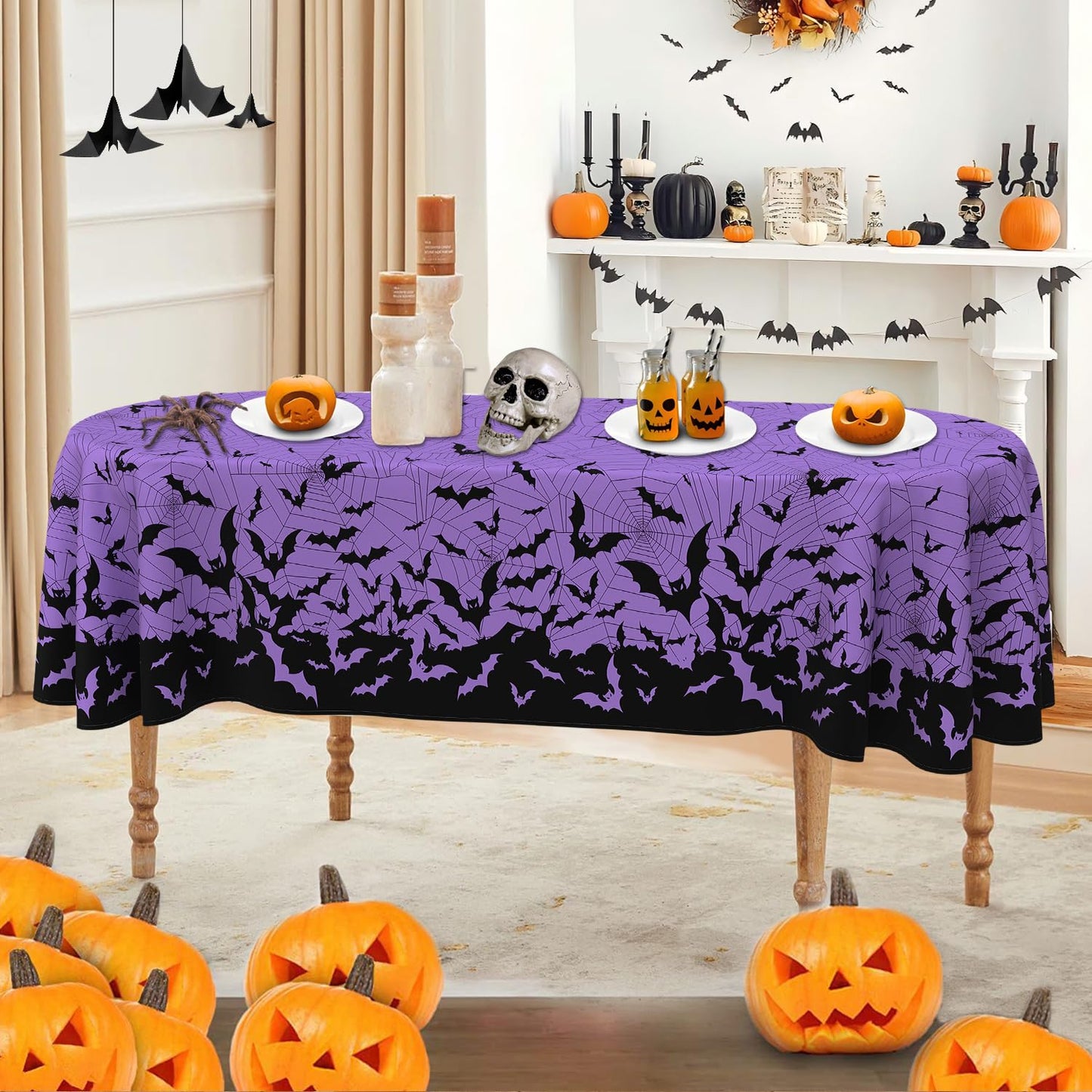 HSOWKDN Oval Halloween Tablecloth 60×84 Inch, Halloween Purple Tablecloths Oval Spider Web Bat Table Cloth Washable, Spooky Table Cover Decor for Party Picnic Dinner