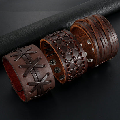 OIDEA Assorted 3pcs Mens Punk Multistrand Leather Braided Bangle Cuff Bracelet for Biker Dad Father, Size Adjustable,Brown