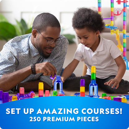 NATIONAL GEOGRAPHIC Glowing Marble Run – 250 Piece Construction Set with 50 Glow in The Dark Glass Marbles & Storage Bag, STEM Gifts for Boys and Girls, Building Project Toy (Amazon Exclusive)