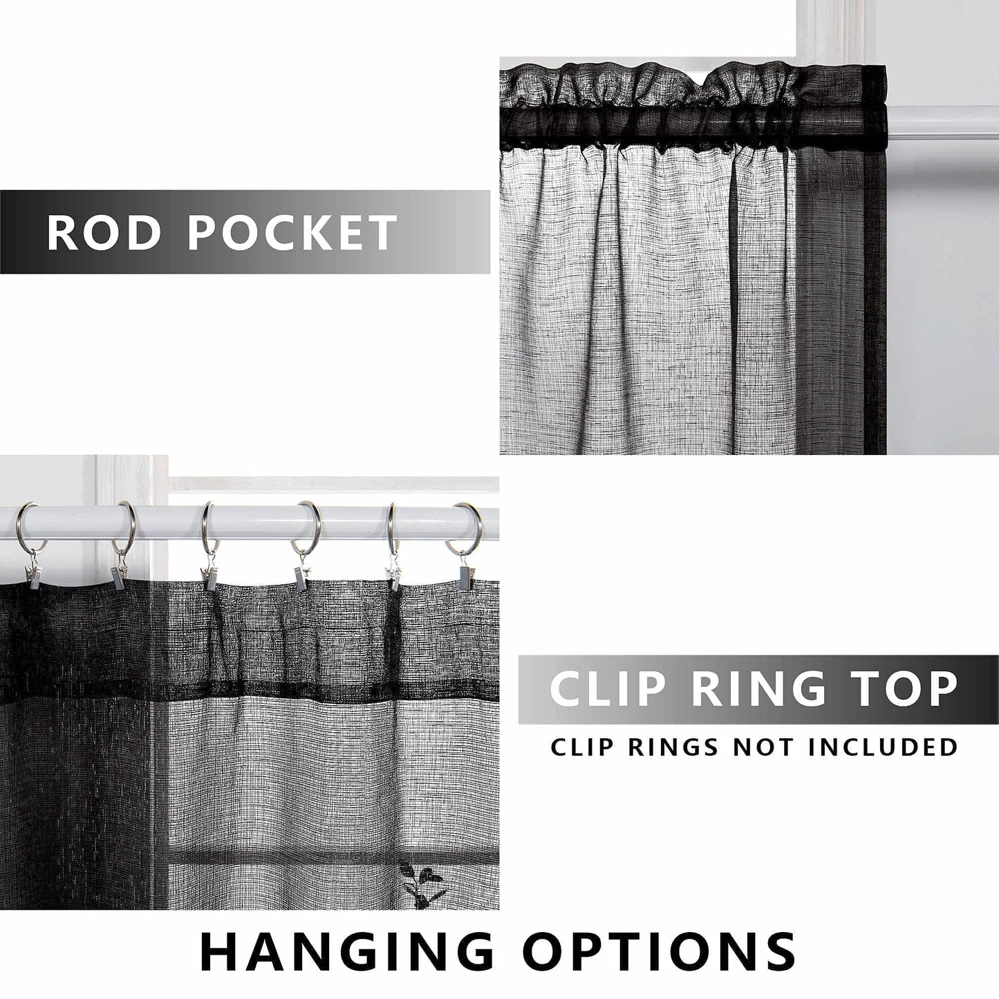 KOUFALL Black Curtains 96 Inches Long for Office,Light Filtering Linen Sheer Curtains for Living Room 96 Inch Length