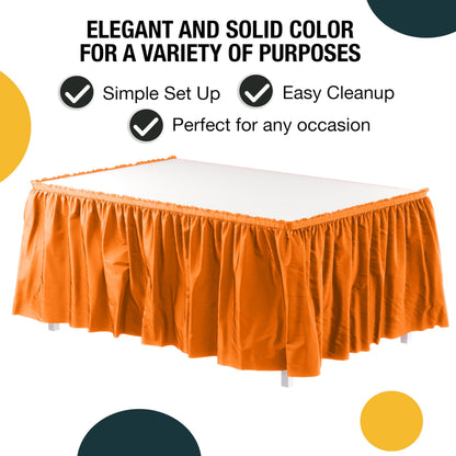 Exquisite Orange Table Skirt 6 Pack - Disposable Plastic Table Skirts for Rectangle Tables 6ft 8ft & Round Tables - 29in x 14ft Self-Adhesive Strip - Birthday Wedding Gender Reveal Decor