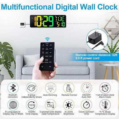 17.2" Large Digital Wall Clock with Bluetooth Auto Sync Time Big Timer | Led Digital Clock Large Display,11 RGB Color,Auto Dimming/DST, with Remote Control for Home Classroom Gift for Mom Dad