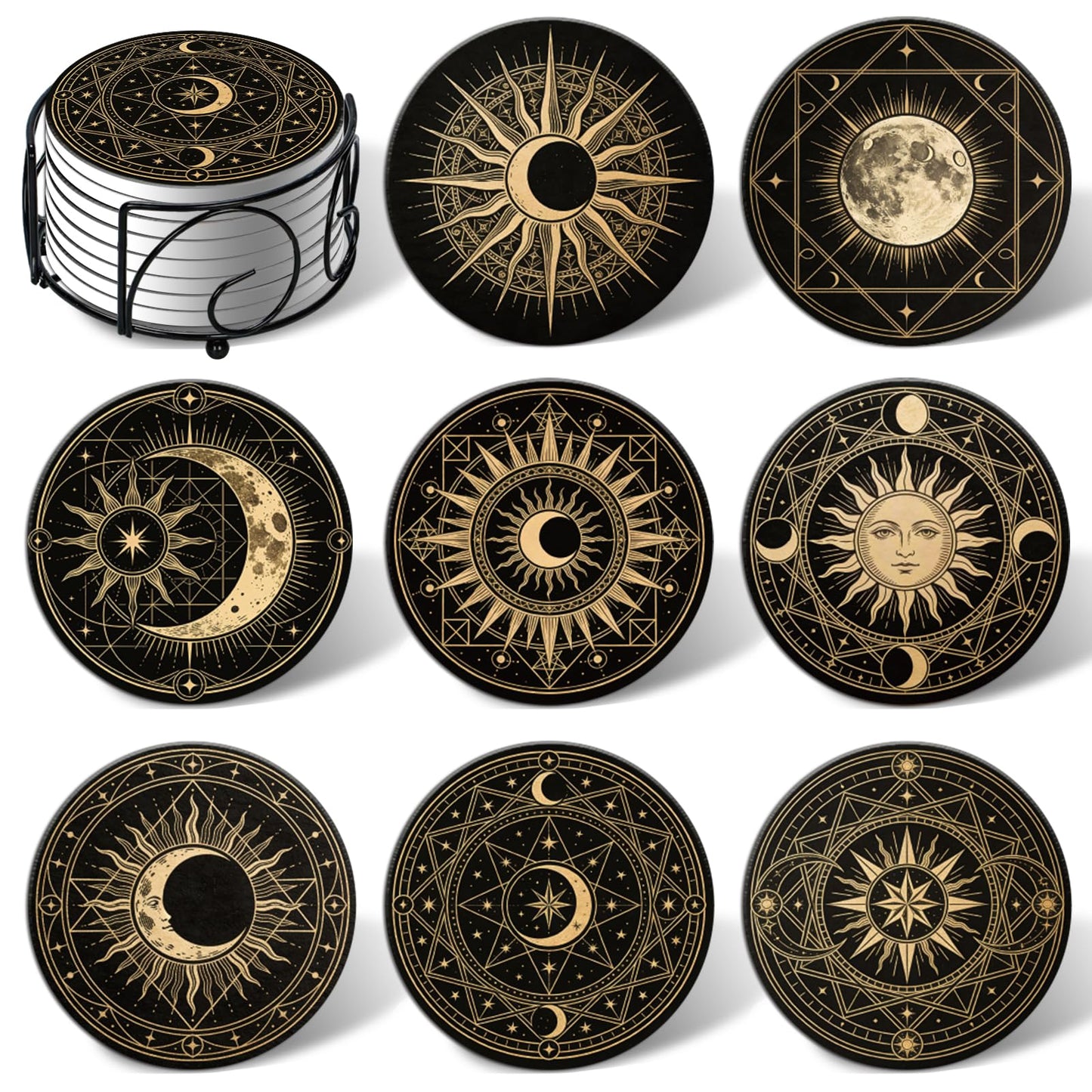 Fun Ceramic Coasters for Drinks, Round Absorbent Drink Coasters Set of 8 with Holder, Moon Phase Coaster with Cork Backing for Table Desk Protection, Mat for Mugs and Cups, Office Home Decor