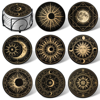 Fun Ceramic Coasters for Drinks, Round Absorbent Drink Coasters Set of 8 with Holder, Moon Phase Coaster with Cork Backing for Table Desk Protection, Mat for Mugs and Cups, Office Home Decor