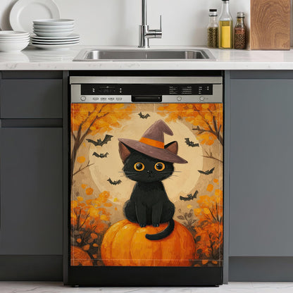 Magnetic Dishwasher Cover for Kitchen Decor Halloween Pumpkin,Washable Removable Black Cat Bat Front Panel Appliance Cover,23 x 26 Inch