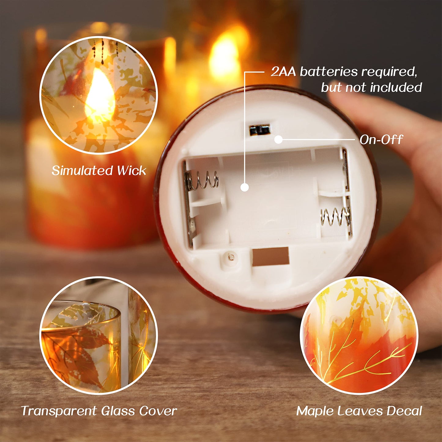 Crystal Club Fall Flameless Candles, Autumn Maple Leaves LED Flickering Candles with Remote and Timer, Battery Operated Glass Effect Pillar Candles for Fall Home Thanksgiving Home Décor