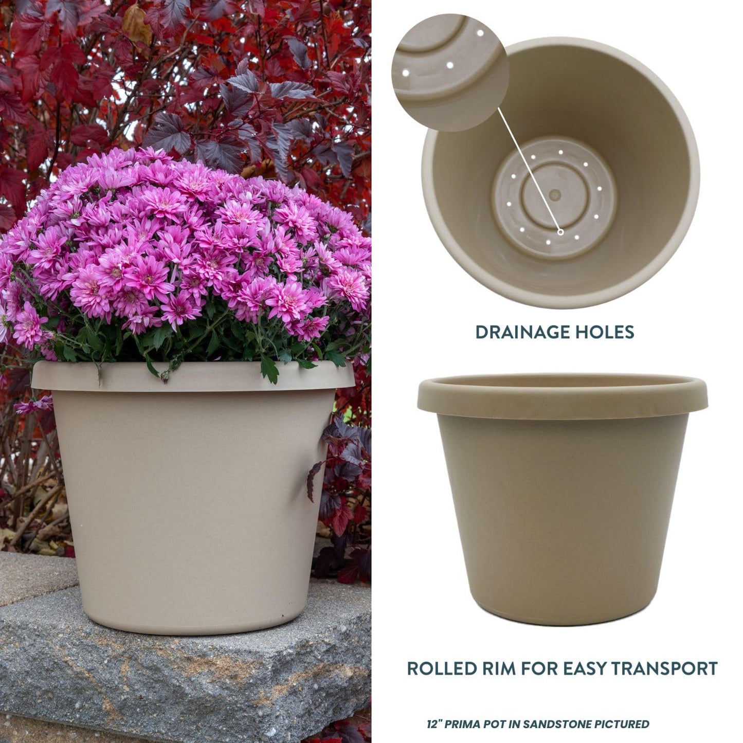 The HC Companies Prima Round Plastic Plant Pot w/Rolled Rim - Lightweight & UV Resistant Flower Pot for Herbs & More - Outdoor & Indoor Plant Pots w/Drainage (14 inch, Sandstone, Pack of 1)