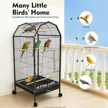 Large Bird Cage, Movable Pet Bird Flight Cages with 5 Doors Wheels, Panorama Bird Aviary Indoor with Stand 17.9x17.9x39.9in, Fit for a Canary, Finch, Cockatiels, Conures, Parrot, Lovebirds