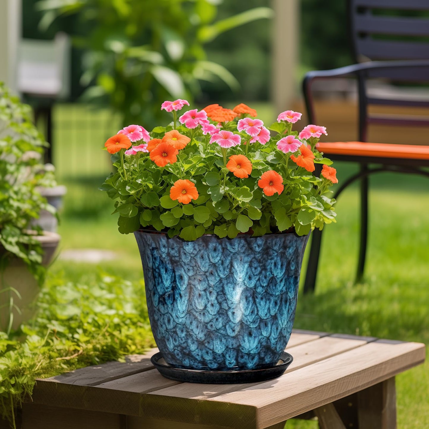 SUNPOTFOR Ceramic Plant Pots - 12 Inch Pots for Plants Indoor Outdoor, Large Round Planter with Drainage Hole and Saucer, Modern Decorative Flower Pot, Home Garden Decor, House Warming Gifts, Blue