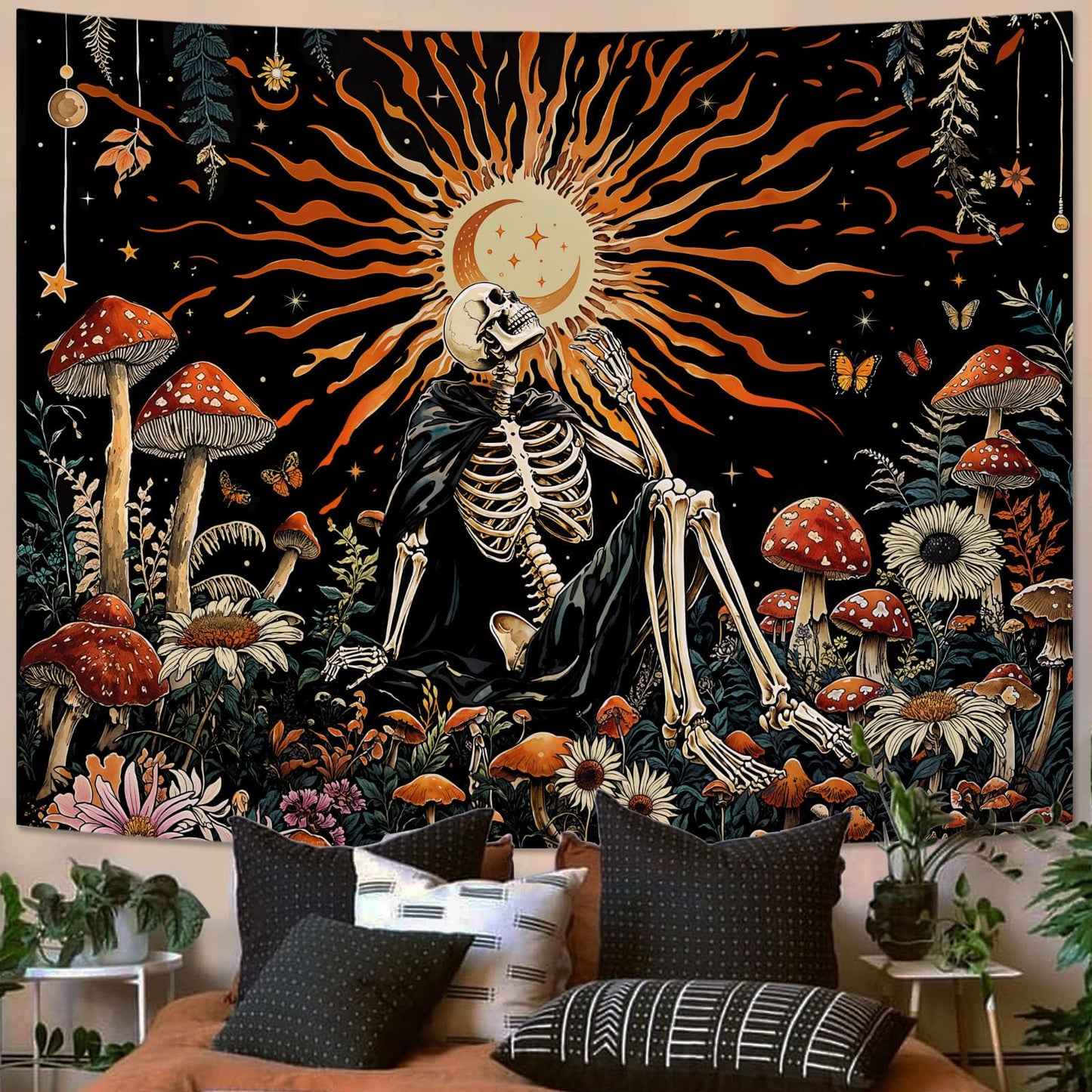Kanuyee Fantast Meditating Skeleton Tapestry Mushroom Wall Art Tapestries Gothic Boho Room Decor Aesthetic Wall Hanging for Bedroom Dorm Living Room Fantasy Art 90x70 Inch