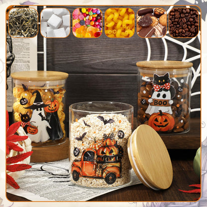 JarThenaAMCS 3Pcs Halloween Glass Storage Jars with Airtight Lid Ghost Pumpkin Truck Decorative Canisters Sets for Home Kitchen Countertop