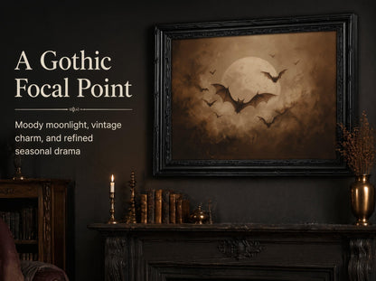 KKP Vintage Gothic Bats Full Moon Wall Art, Dark Academia Halloween Picture