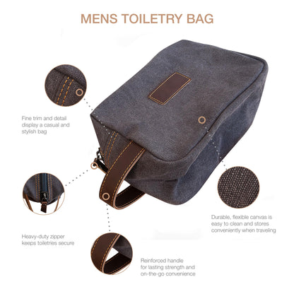 Eurow Luxe Mens Premium Canvas Toiletry Bag With Faux Leather Handstrap For Travel, Organize Bath Supplies, Grooming & Shaving Kits, Personal Hygiene, Travel Essentials, Gray
