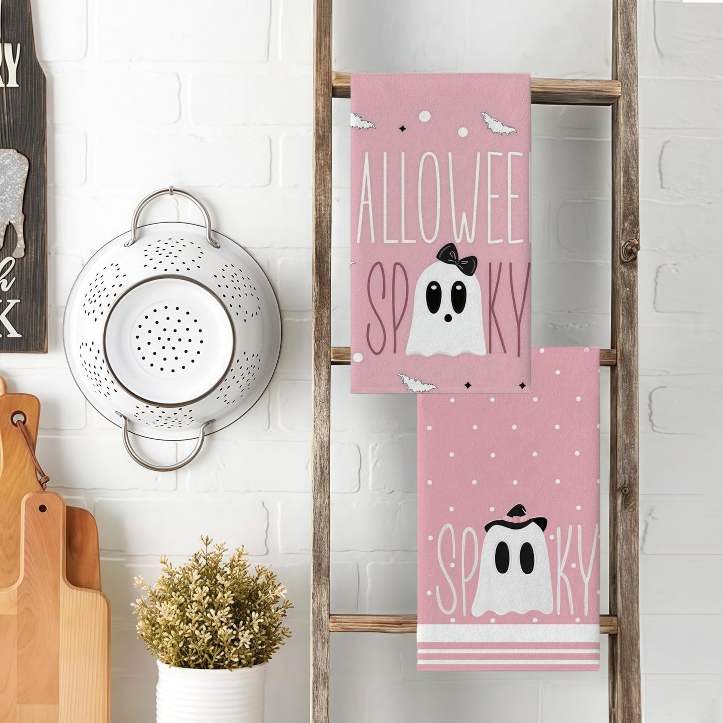 Cxtoweley Pink Ghost Decor Kitchen Towels Set of 2-18x26 Inch Halloween Dish Towels, Cute Spooky Polyester Towels for Bathroom & Farmhouse Decor