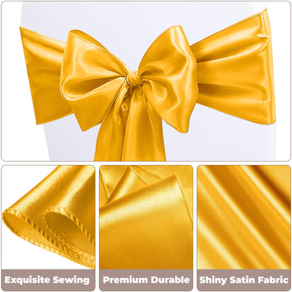 WASIRL Satin Chair Sashes Bows 50 pcs Chair Ribbon Sashes for Wedding Party Reception Events Banquets Hotel Event Chairs Decoration（Gold 7x108 inch）