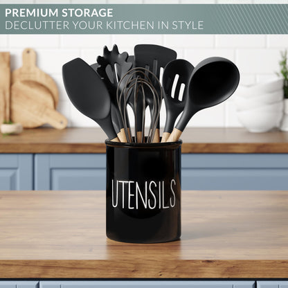Barnyard Designs Ceramic Farmhouse Kitchen Utensil Holder for Countertop, Decorative Kitchen Utensil Crock for Counter, Spatula Holder, 7" (Black)