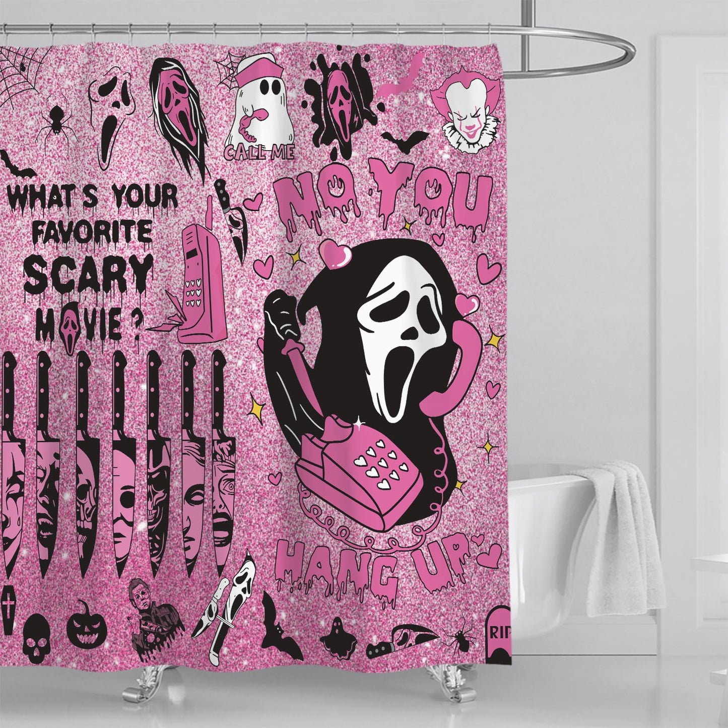 ONIBOGO 4Pcs Halloween Shower Curtain Set Gothic Pink Scary Shower Curtain Set for Halloween Bathroom Decor with Anti-Slip Waterproof Bathtub Bathroom Rugs Toilet Lid Cover
