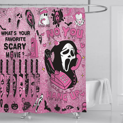 ONIBOGO 4Pcs Halloween Shower Curtain Set Gothic Pink Scary Shower Curtain Set for Halloween Bathroom Decor with Anti-Slip Waterproof Bathtub Bathroom Rugs Toilet Lid Cover