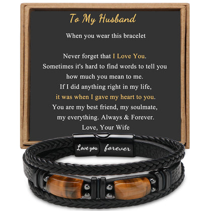 JoycuFF Gifts for Husband from Wife Leather Bracelets for Husband 2 Tiger Eye Stone Anniversary Birthday Love You Forever Mens Black Layered Braided Cuff Bracelet