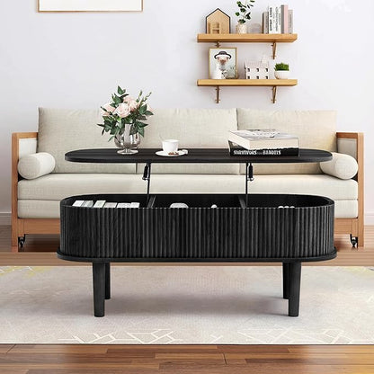 Fully Assembled Fluted Lift Top Coffee Table with Hidden Compartment, Wooden Center Table, Modern Oval Lift Tabletop for Home Living Room Office, Black