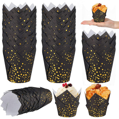 Gerrii 200 Pcs Black Gold Dot Tulip Cupcake Liners Graduation Mini Paper Baking Cups Cupcake Wrappers Muffin Liners for Wedding Tea Party Bridal Baby Shower Decoration
