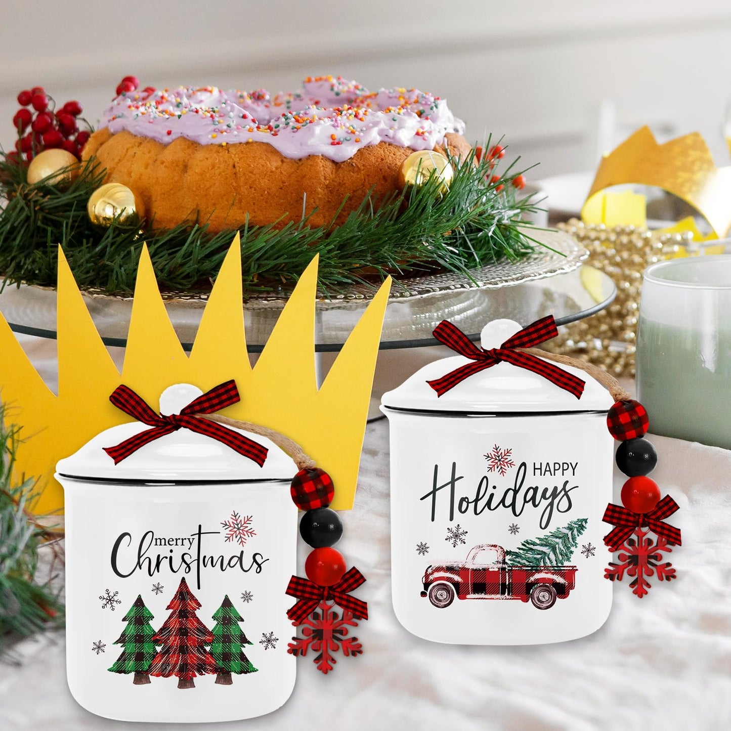 Whaline 2Pcs Christmas Mini Ceramic Canister Red Green Plaid Xmas Tree Truck Snowflake Mini Jar Holiday Candy Holder with Lid Bow for Xmas Winter Home Decor Storage Accessory