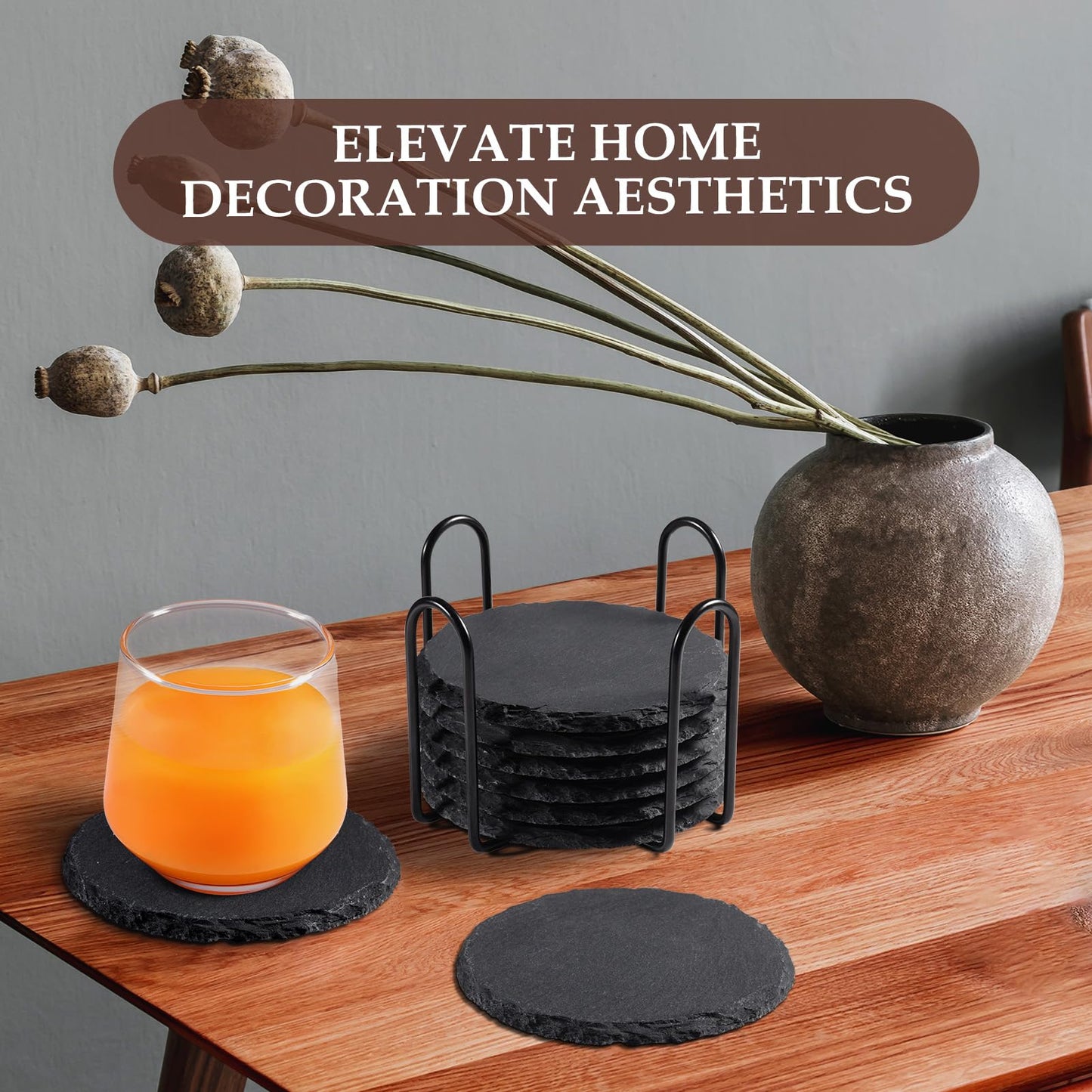 Slate Drink Coasters with Metal Holder, GOH DODD Set of 8 Black Coasters, 4 Inch Stone Coaster Set Tabletop Protection for Home Kitchen Apartment Bar Decor Housewarming Gifts Wedding Party, Round