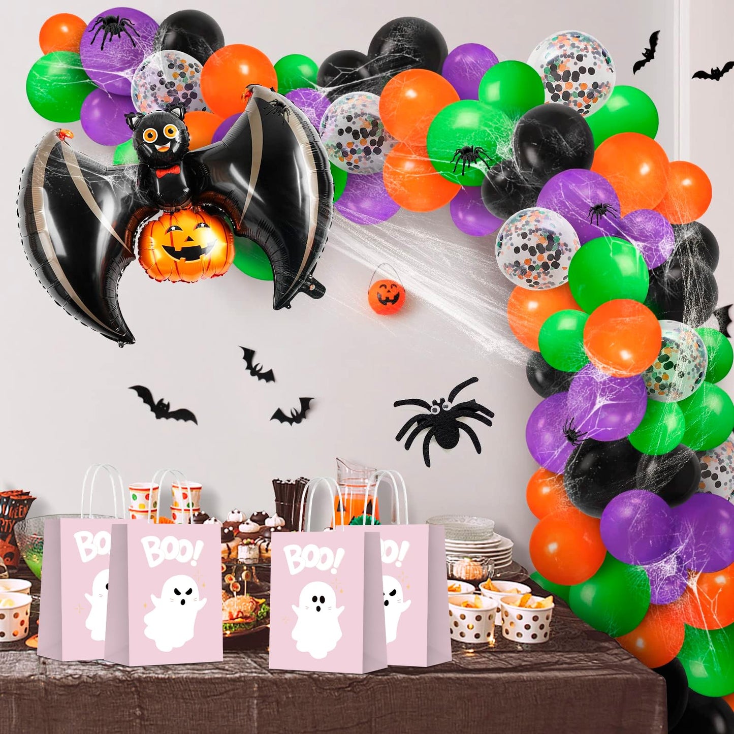 KERINGO 16 PCS Halloween Kraft Paper Gift Bags Pink Ghost Boo Design with Handles for Halloween Themed Trick or Treat Party Favors Supplies