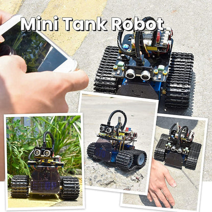 KEYESTUDIO Mini Tank Kit V2 Smart Car for Arduino, IR Infrared and App Remote Control (iOS and Android), Light and Ultrasonic Follow, 8X16 LED Panel, Ultrasonic Obstacle Avoidance,15+