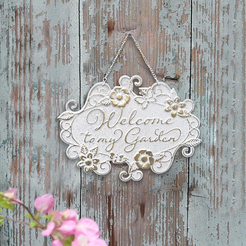 All Chic Welcome to My Garden Sign Hanging Yard Sign for Garden Decor Rustic Farmhouse Backyard Outdoor Wall Decor(White)
