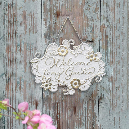 All Chic Welcome to My Garden Sign Hanging Yard Sign for Garden Decor Rustic Farmhouse Backyard Outdoor Wall Decor(White)