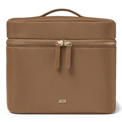 July Vanity Cosmetic Case - Stylish Travel Makeup Bag for Women with Removable Wet Pouch, Upright Bottle Design, Clear Top Pocket, Leather Handle, Travel Essentials, Toiletry Organizer - Light Brown