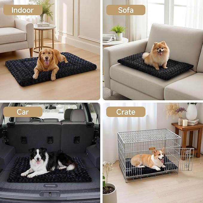 Washable Dog Bed Mat Crate Pad Soft Fluffy Pet Kennel Beds Dog Sleeping Mattress for Large Jumbo Medium Small Dogs, 42 x 28 Inch, Black