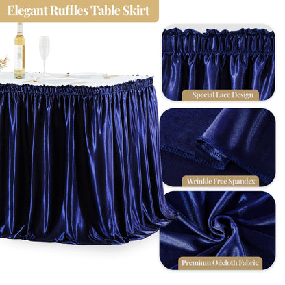 Wish Care 6ft Navy Blue Satin Table Skirt for Rectangle Tables Wrinkle Free Teacher Desk Skirt Glitter Ruffle Table Skirting Cloth for Back to School Classroom Office Dorm Birthday Party Table Decor