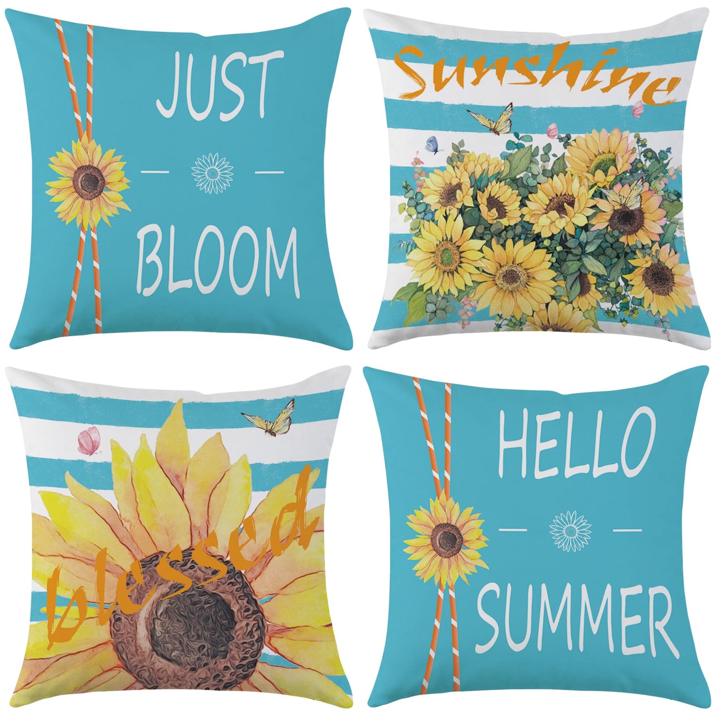 Mimkus Sunflower Pillow Cover 18 x 18 Inch Set of 4 Spring Summer Throw Pillow Covers Floral Double-Sided Printing Blue Cushion Cover for Sofa Home Decor