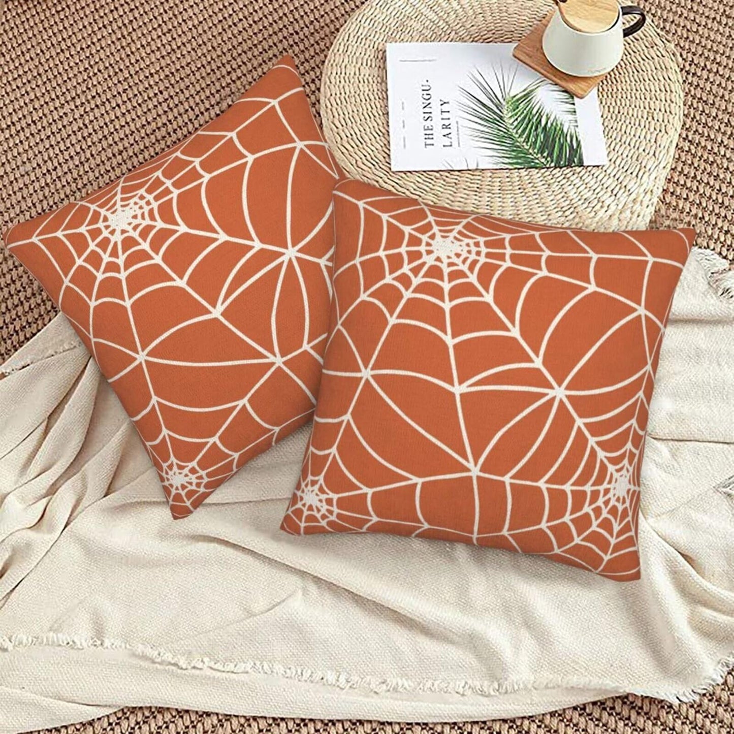Sunshineyan Halloween Pillow Covers 20 x 20 inch Set of 2, Orange Spider Web Decorative Throw Pillow Covers Holiday Farmhouse Outdoor Halloween Pillowcase for Couch Sofa Home Decor