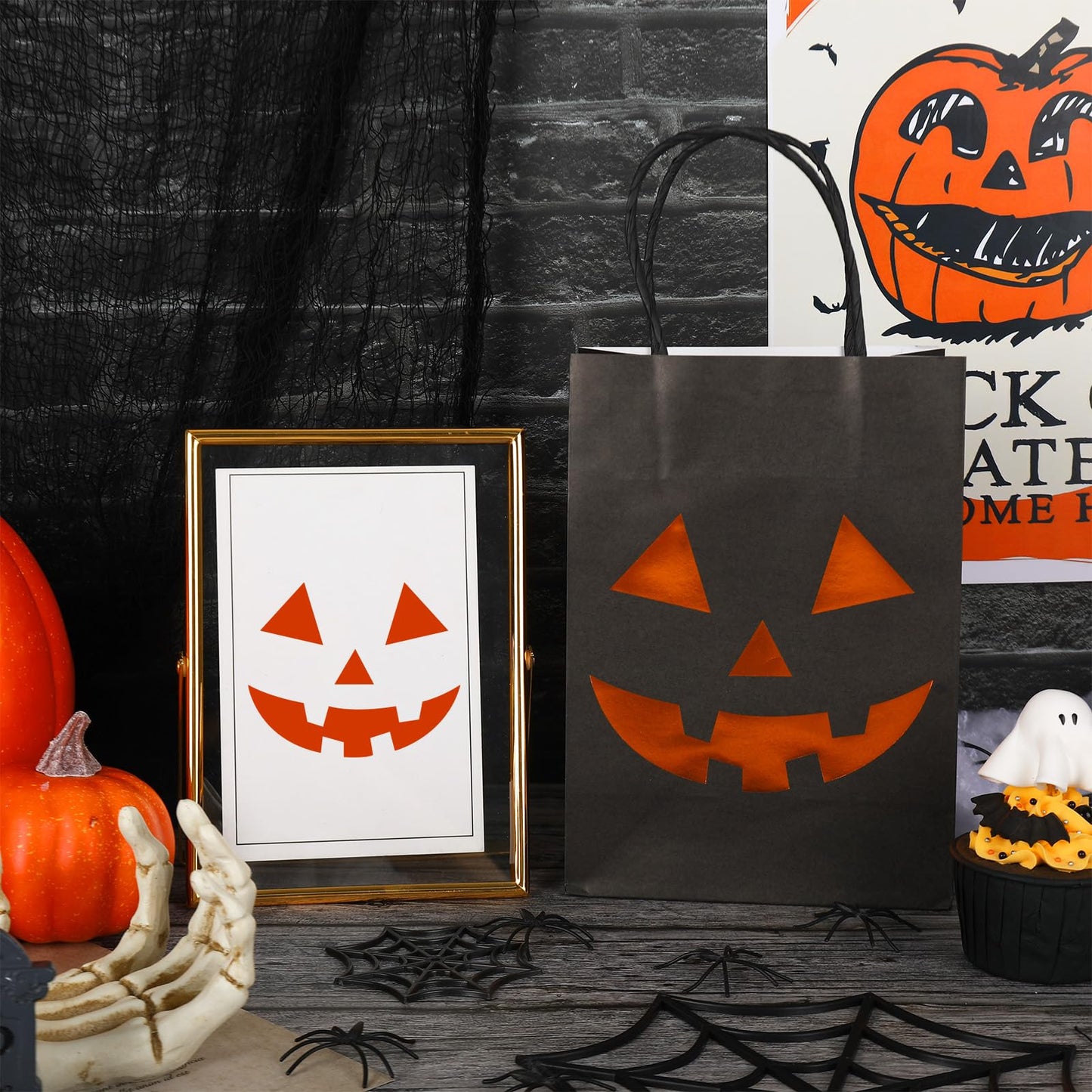 JarThenaAMCS 24Pcs Halloween Kraft Paper Bags with Handles Evil Pumpkin Gift Bags Orange Black Pumpkin Candy Goodie Bag for Birthday Trick or Treat Party Supplies