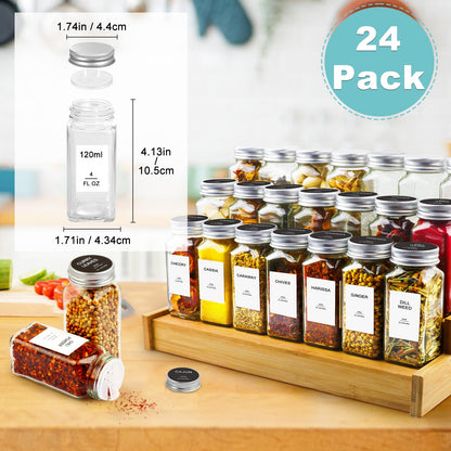 AISIPRIN 24 Pcs Glass Spice Jars with 398 Labels, 4oz Empty Square Spice Containers Seasoning Bottles - Shaker Lids, Funnel, Brush and Marker Included(Black Metal Caps)
