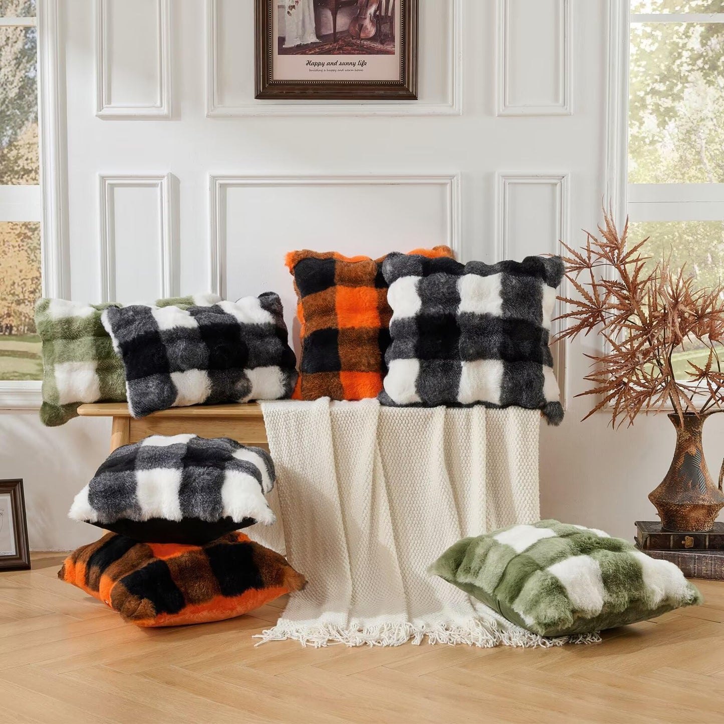 Animebody Set of 2 Faux Fur Cozy Throw Pillow Covers Halloween Decorations Throw Pillows Cushion Pillowcase for Sofa Couch,Orange-Black Grid Print 24 x 24 Inch