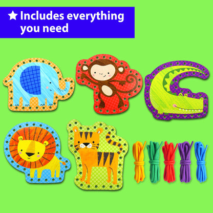 KRAFUN My First Lacing Cards Kit for Toddlers & Kids Age 3+, 5 Safari Animal Arts & Crafts Projects, Fine Motor Skills Toys, Beginner Activity Set with Lion Monkey Elephant Tiger Crocodile