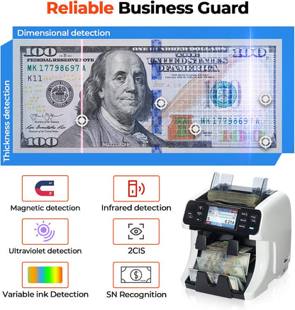 MUNBYN IMC40 2-Pocket Money Counter Machine Mixed Denomination and Sorter, Built-in Printer, Sort on DENOM/FACE/ORI, Value Counting, Counterfeit Detection 2 CIS/UV/MG/IR, Touch Screen, 2Y Protection