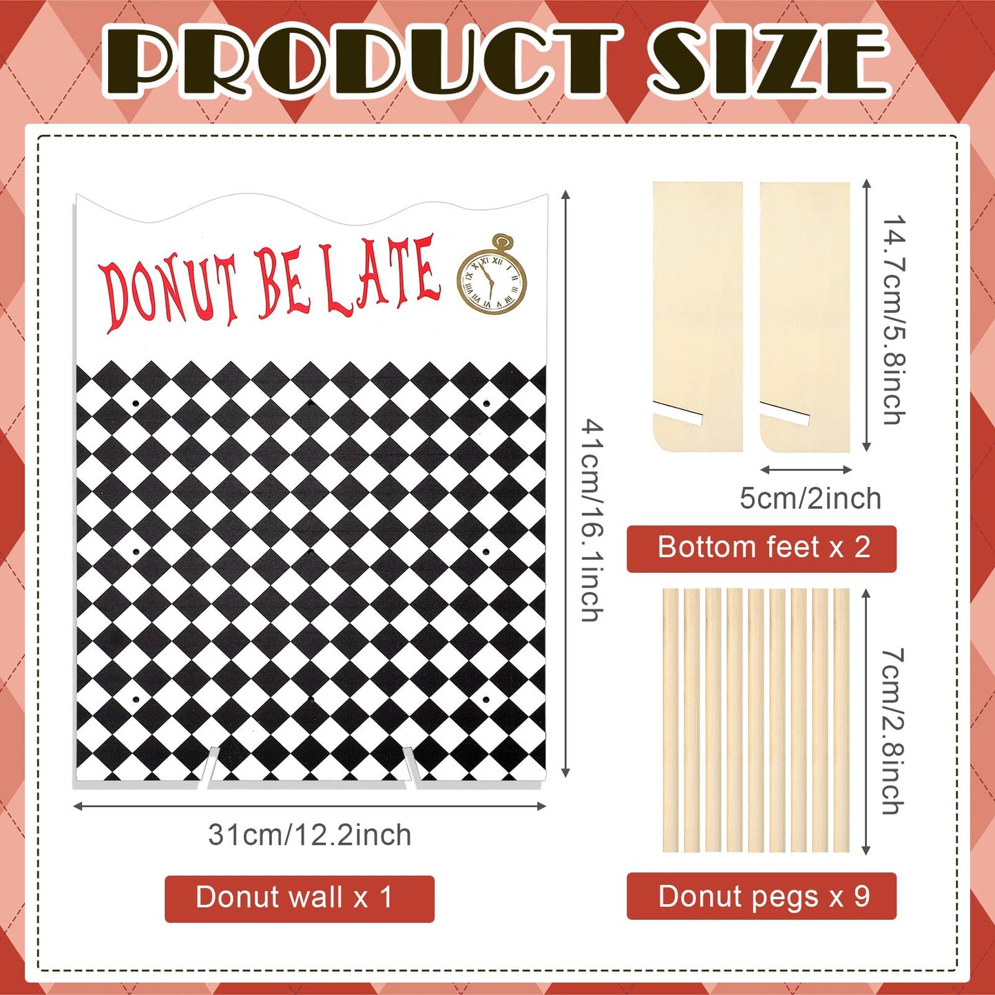 Suclain 16 x 12 Inches Wonderland Party Decoration Donut Wall Display Stand 9 Holes Wooden Donut Bagel Display Holder Board Wonderland Tea Black and White Checkered Stands for Birthday Tea Parties