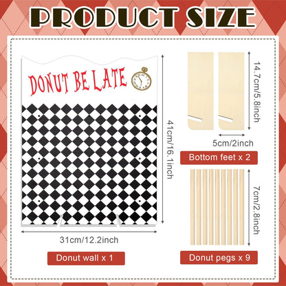 Suclain 16 x 12 Inches Wonderland Party Decoration Donut Wall Display Stand 9 Holes Wooden Donut Bagel Display Holder Board Wonderland Tea Black and White Checkered Stands for Birthday Tea Parties