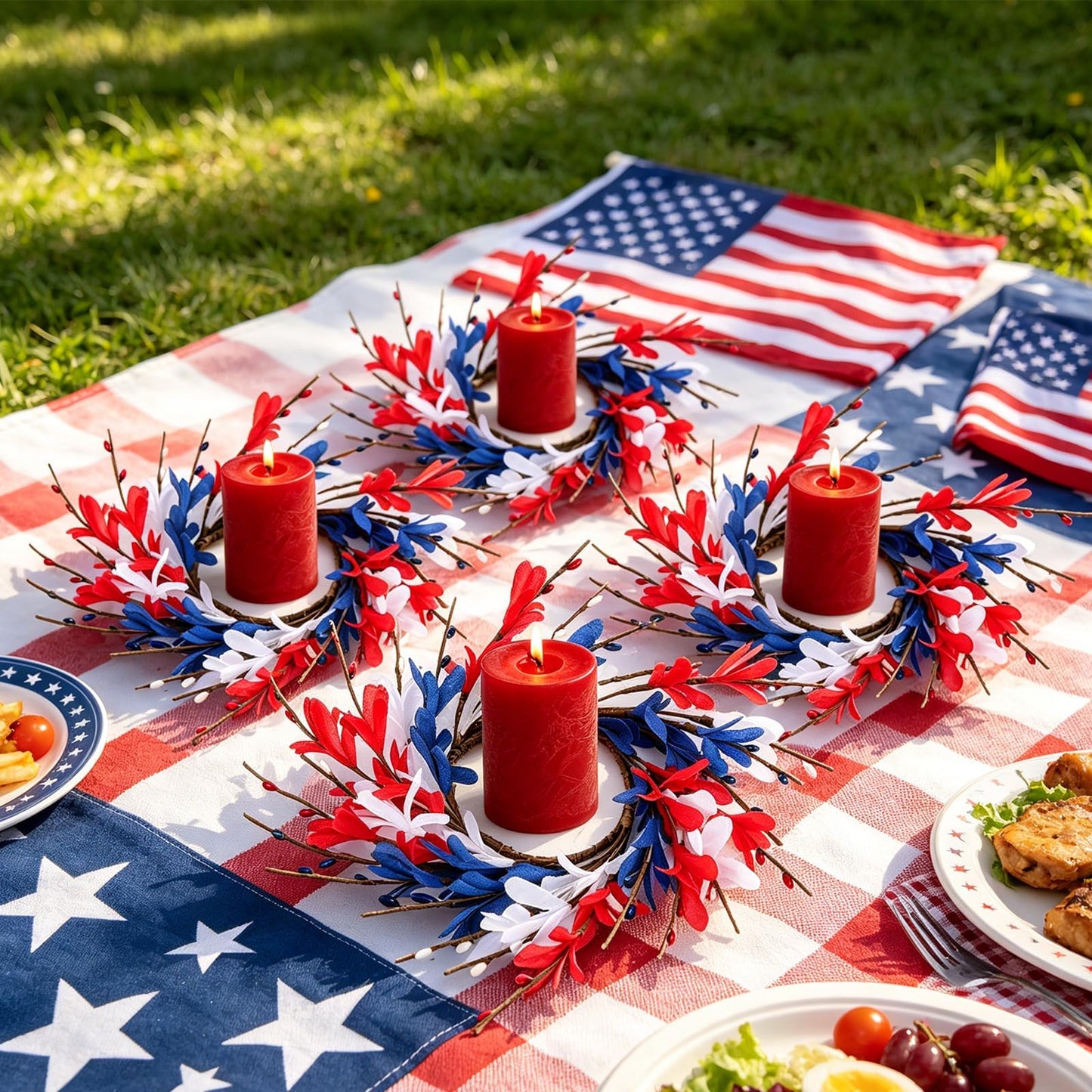 6 PCS Patriotic American Candle Rings Wreaths 4th of July Red White and Blue Floral Candle Rings Holder with Forsythia Flowers Mini Independence Day Wreath for Party Home Table Centerpiece Decor