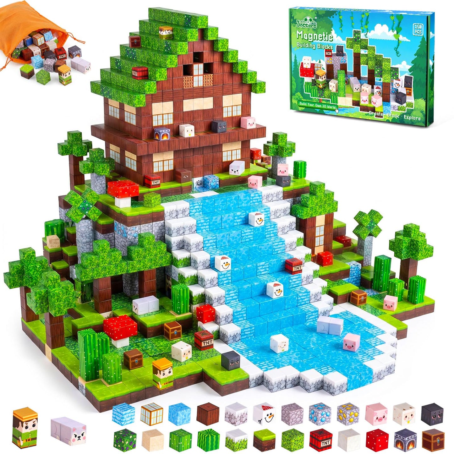 3 otters Magnetic Blocks 150PCS Forest Adventure Set, STEM Magnet Cubes & Magnetic Tiles Build Forest World Toys for Kids, Sensory Stacking Gifts for Boys & Girls Birthday