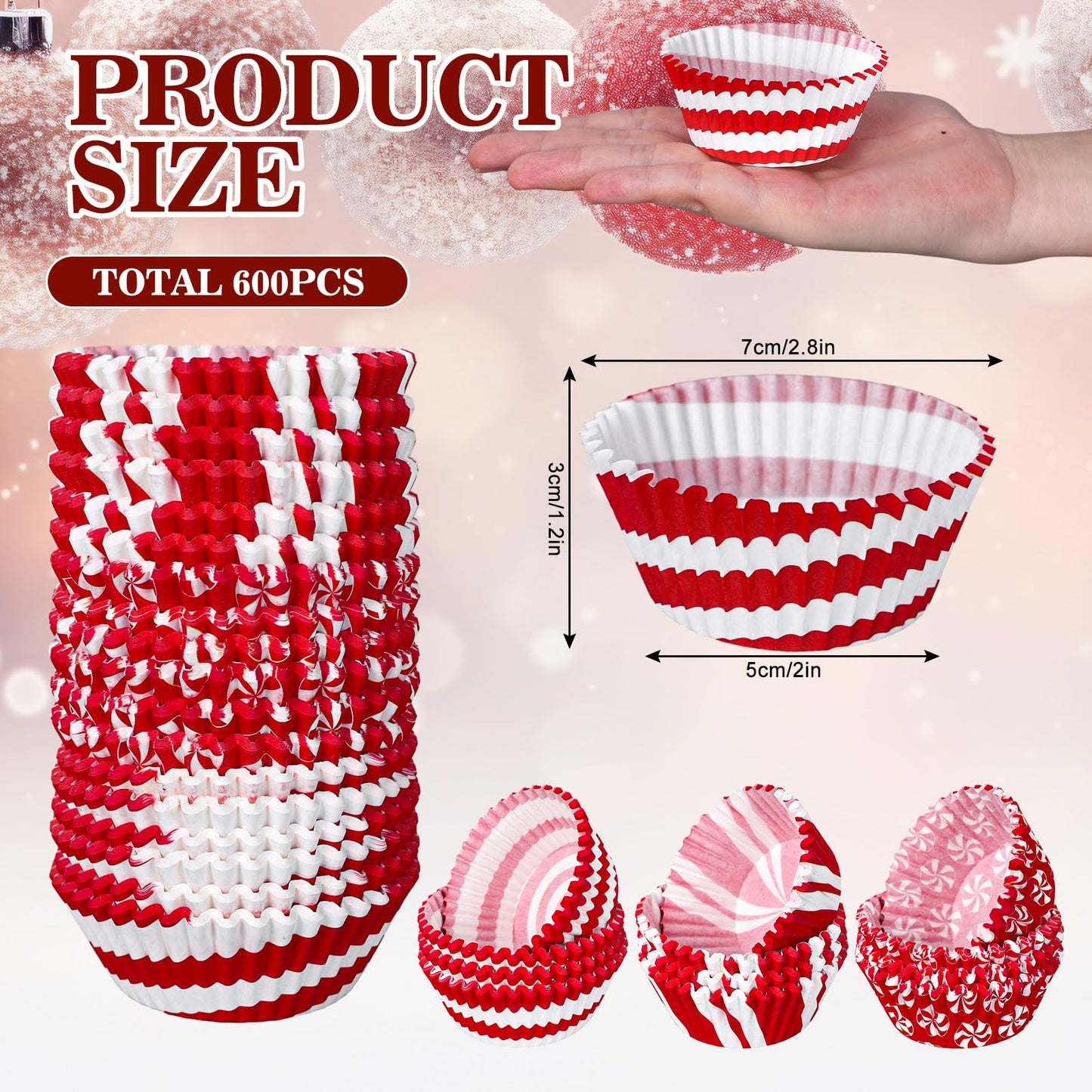 Whaline 600Pcs Christmas Candy Cupcake Liners Peppermint Baking Cups Holders Candy Cane Cupcake Wrappers Red White Candy Muffin Liners for Xmas Holiday Birthday Party Candy Make Baking Supplies