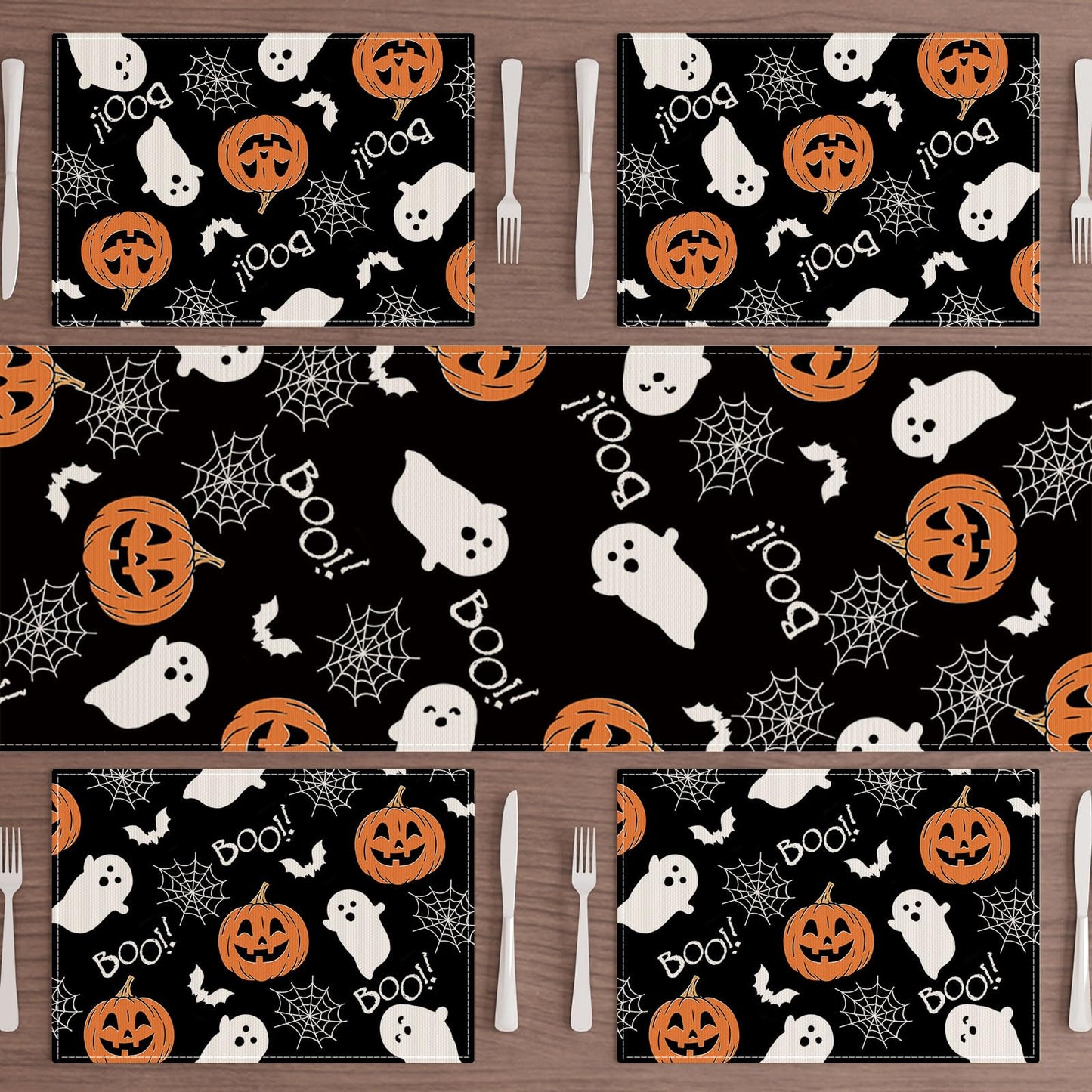XCHI Boo Spooky Ghost Pumpkin Halloween Cloth Placemats Set of 6 Table Mats Table Decorations 12x18 Inch