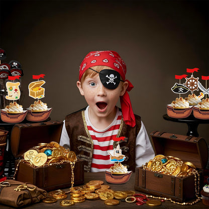 108 PCS Pirate Cupcake Toppers Pirate Ship Cake Borders Nautical Sailing Theme Cake Picks Skull Cap Halloween Party Decorations for Kids Birthday Baby Shower Decor Supplies