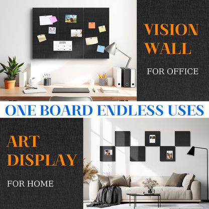 DOLLAR BOSS Felt Cork Board Tiles, 6 Packs 12" x 12" 1/2" Thick Cork Bulletin Board Self Adhesive Acoustic Panels Soundproof Corkboards for Walls with 60 Pushpins for Home Office Kitchen School, Black