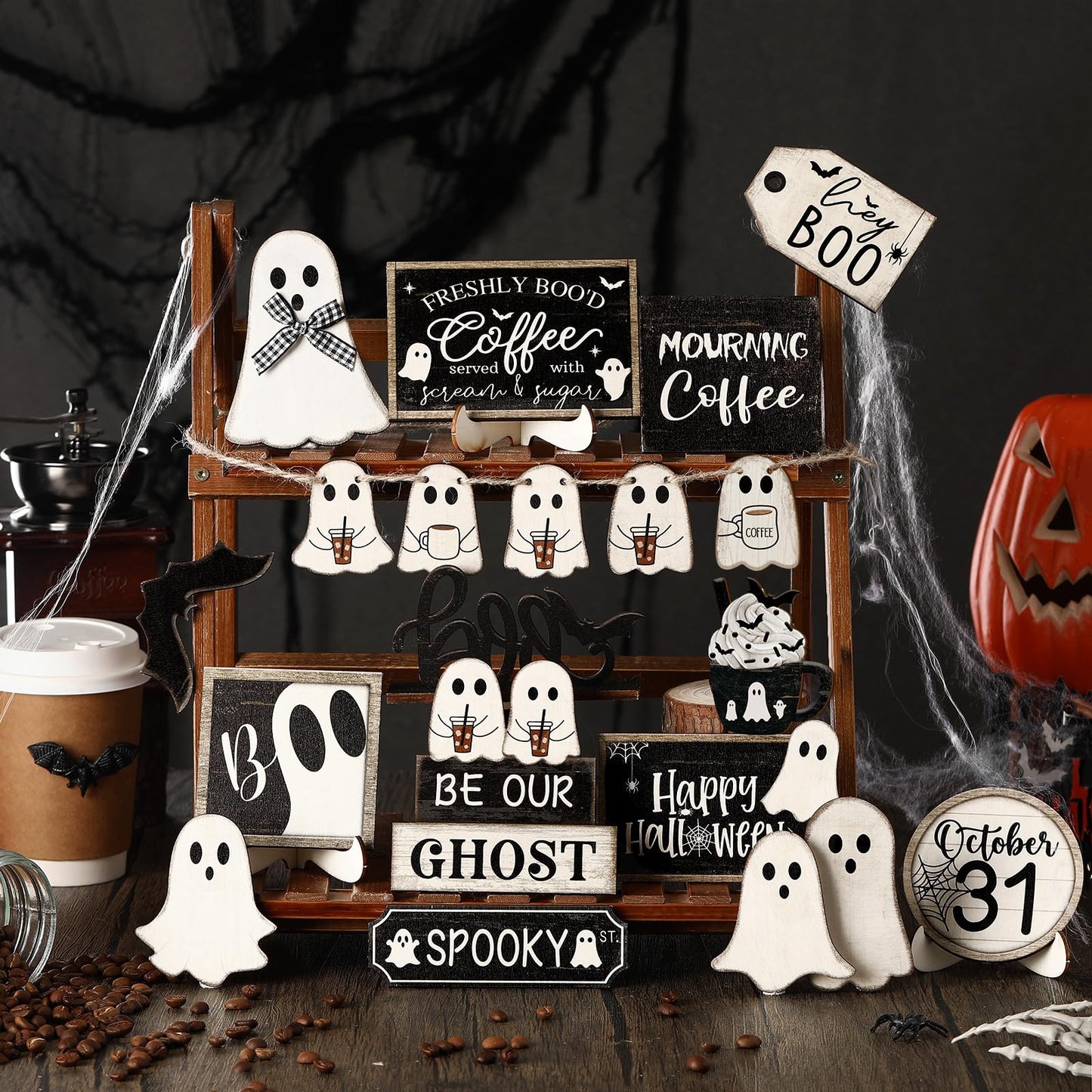 Seeloowy 19 Pcs Halloween Tiered Tray Decor Set Happy Halloween Cut Ghost Boo Wooden Signs Bat Coffee Rustic Table Decorations for Farmhouse Kitchen Shelf Party Supplies